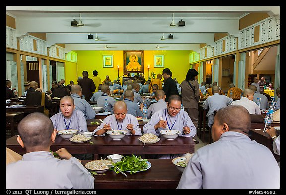 Monks and nuns having diner, An Quang Pagoda, district 10. Ho Chi Minh City, Vietnam (color)