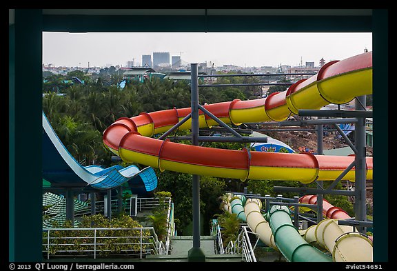 Water slides and skylines, Dam Sen Water Park, district 11. Ho Chi Minh City, Vietnam