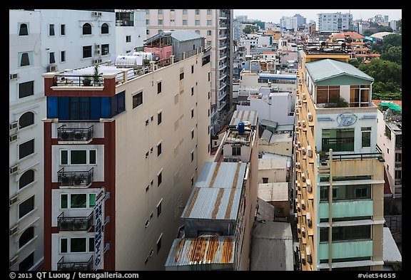 Rooftop view of skinny hotel buildings. Ho Chi Minh City, Vietnam