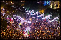 Le Loi boulevard with decorations and crowds from above. Ho Chi Minh City, Vietnam (color)