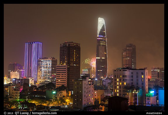 Saigon skyline and fireworks. Ho Chi Minh City, Vietnam