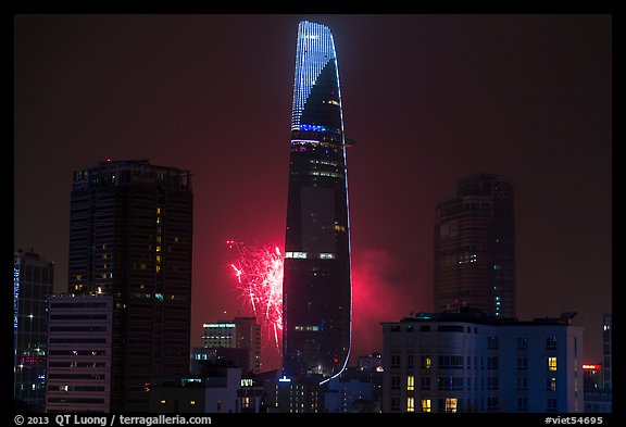 Bitexco tower with fireworks. Ho Chi Minh City, Vietnam