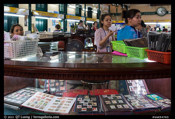 Stamp vending booth in central post office. Ho Chi Minh City, Vietnam