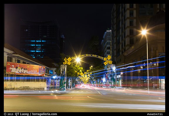 Dong Khoi street at night with light trails and decorations. Ho Chi Minh City, Vietnam