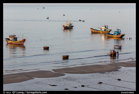 Coracle boats, fishing boats from above. Mui Ne, Vietnam (color)