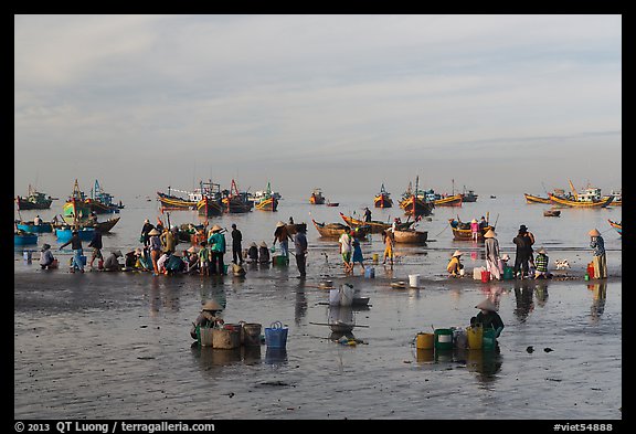 Fishermen, vendors, and boats. Mui Ne, Vietnam (color)
