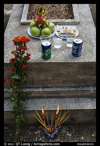 Grave with offerings of incense, flowers, drinks, fruit, and fake money. Ben Tre, Vietnam (color)