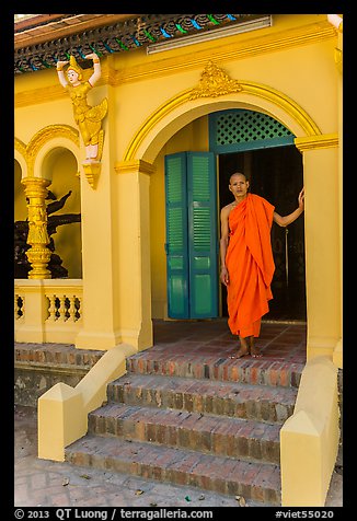 Monk standing in entrance, Ang Pagoda. Tra Vinh, Vietnam (color)