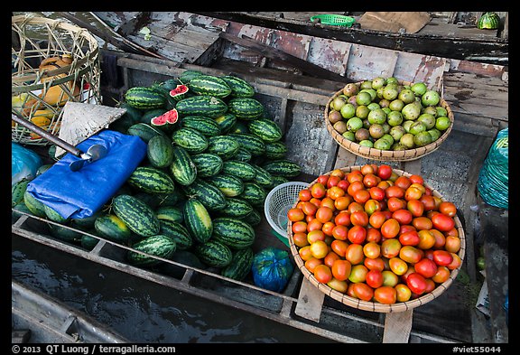 Vegetables and fruit for sale on boat, Phung Diem. Can Tho, Vietnam (color)
