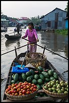 Woman paddles boat loaded with fruits and vegetable, Phung Diem. Can Tho, Vietnam (color)