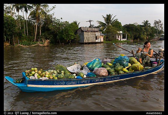 Woman with boat loaded with produce eating noodles. Can Tho, Vietnam (color)