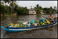 Woman with boat loaded with produce eating noodles. Can Tho, Vietnam (color)