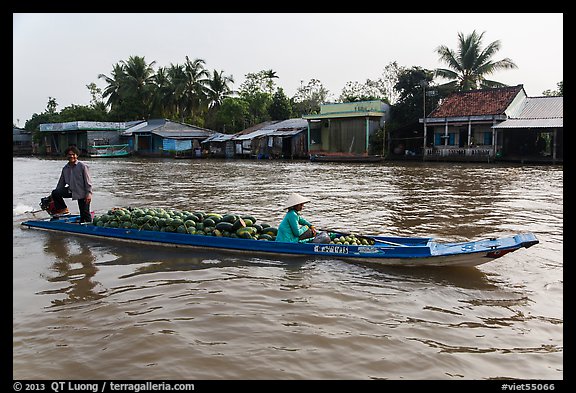 Long boat loaded with watermelon. Can Tho, Vietnam (color)