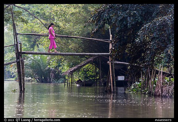 Woman crossing monkey bridge. Can Tho, Vietnam (color)