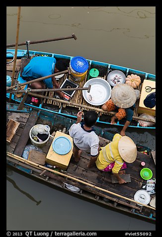 Couples on two side-by-side boats seen from above. Can Tho, Vietnam