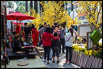 Sidewalk with Lunar New Year decorations and booths. Ho Chi Minh City, Vietnam