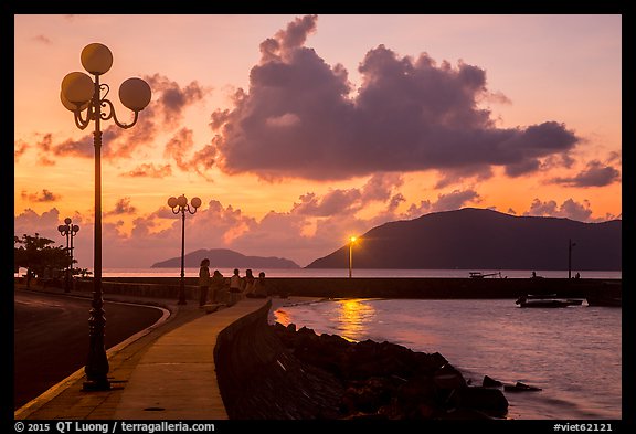 Lamps and Con Son seafront before sunrise. Con Dao Islands, Vietnam (color)