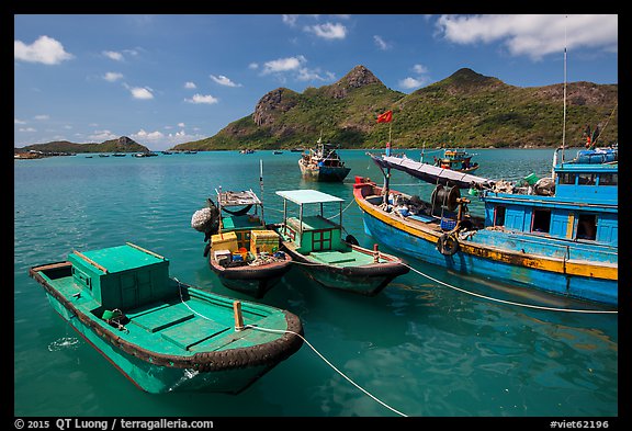 Fishing boats and Ba Island, Ben Dam. Con Dao Islands, Vietnam (color)