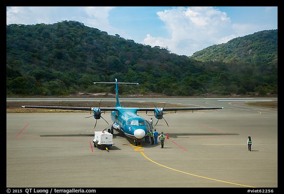 Turboprop plane and airport. Con Dao Islands, Vietnam (color)