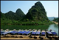 Tour boats and forest-covered limestone rocks, Son Trach. Vietnam