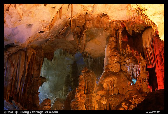 Illuminated cave formations, upper cave, Phong Nha Cave. Vietnam (color)