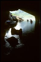 Interior and entrance of Phong Nha Cave with Rocks and boats. Vietnam