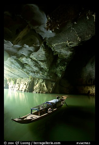 Boat inside the lower cave, Phong Nha Cave. Vietnam (color)