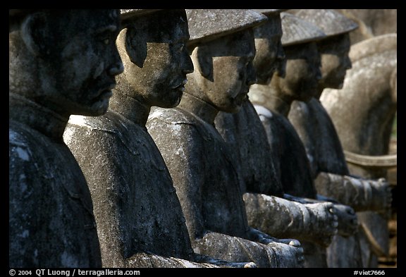 Row of statues in Khai Dinh Mausoleum. Hue, Vietnam (color)