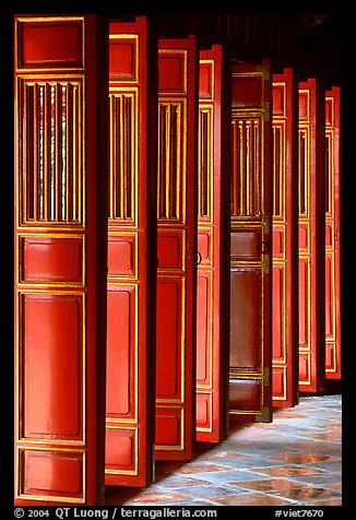Red doors of the temple inside the Minh Mang Mausoleum. Hue, Vietnam