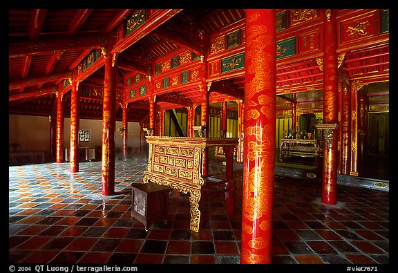 Main room of the temple inside the Minh Mang Mausoleum. Hue, Vietnam