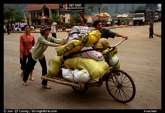Bicyle loaded with goods at the border crossing with China at Dong Dang. Lang Son, Northest Vietnam (color)