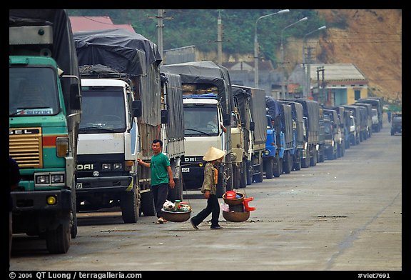 Trucks waiting to cross the border into China at Dong Dang. Lang Son, Northest Vietnam