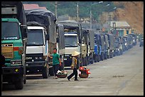 Trucks waiting to cross the border into China at Dong Dang. Lang Son, Northest Vietnam