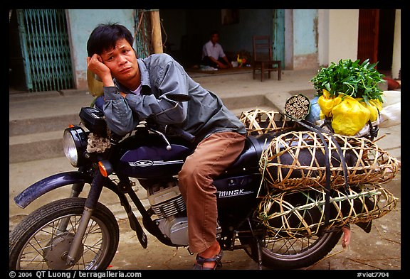 Man on a Russian-made Minsk loaded with live pigs. Northest Vietnam