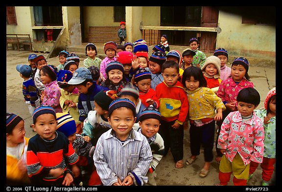 Schoolchildren dressed for the cool mountain weather. Northeast Vietnam (color)