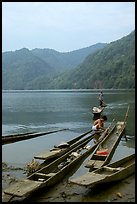 Typical dugout boats on the shore of Ba Be Lake. Northeast Vietnam