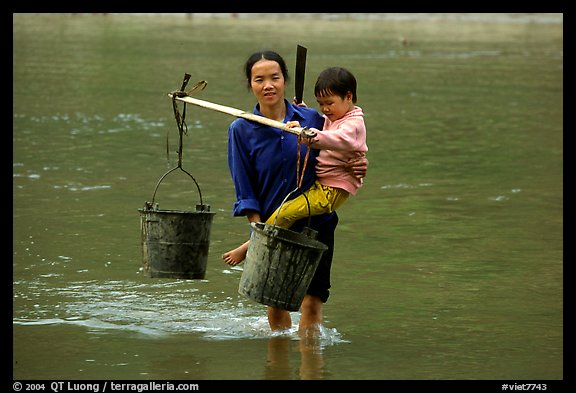 Tay Woman carrying child and water buckets across river. Northeast Vietnam