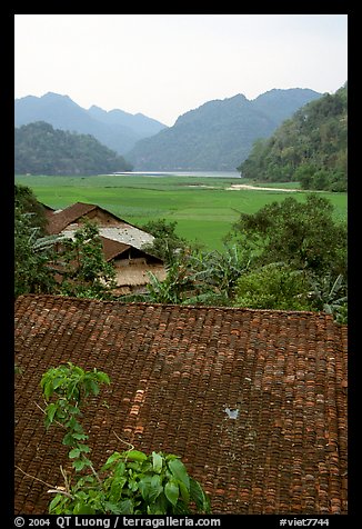 Thatched Roofs of Pac Ngoi village and fields. Northeast Vietnam