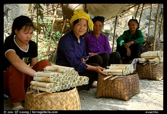 Women selling sweet rice cooked in bamboo tubes. Vietnam (color)