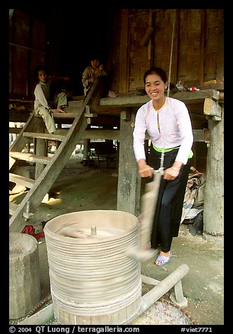 Woman of the Thai ethnicity milling grain, near Mai Chau. Northwest Vietnam