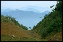 House and misty ridges between Moc Chau and Yeu Chau. Northwest Vietnam