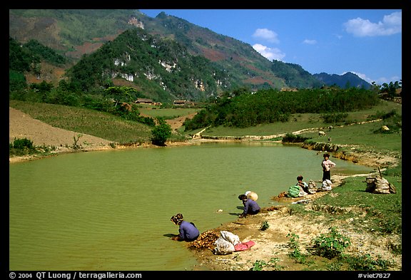 Thai women on the shores of a pond, near Tuan Giao. Northwest Vietnam (color)