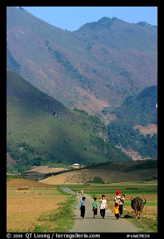 Villagers walking on the road, near Tuan Giao. Northwest Vietnam (color)