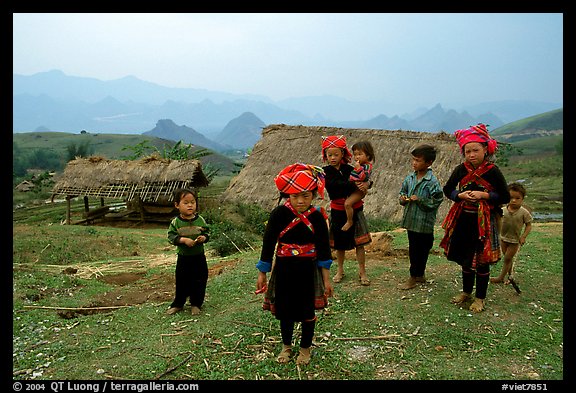 Hmong children and village, near Tam Duong. Northwest Vietnam