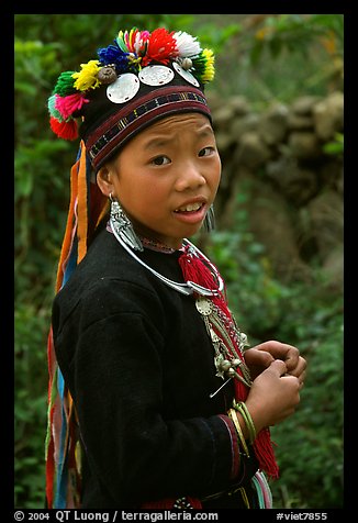 Boy of the Black Dzao minority wearing a hat with three decorative coins, between Tam Duong and Sapa. Vietnam (color)