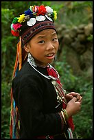 Boy of the Black Dzao minority wearing a hat with three decorative coins, between Tam Duong and Sapa. Vietnam (color)