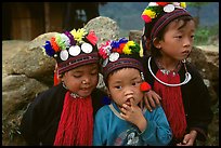 Black Dzao children wearing the hat with three coins, between Tam Duong and Sapa. Northwest Vietnam