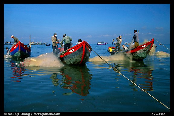 Fishermen get their nets out of their small fishing boats. Vung Tau, Vietnam (color)