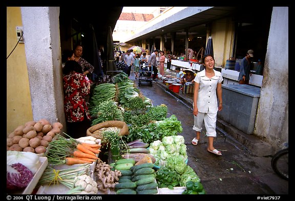 Vegetables for sale in an alley of the Ben Than Market. Ho Chi Minh City, Vietnam (color)