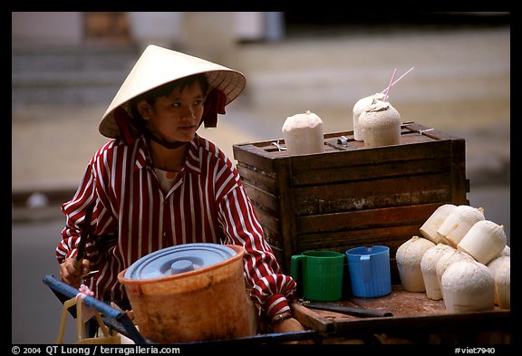 Coconut street vendor. The sweet juice is drank directly from a straw.. Ho Chi Minh City, Vietnam (color)